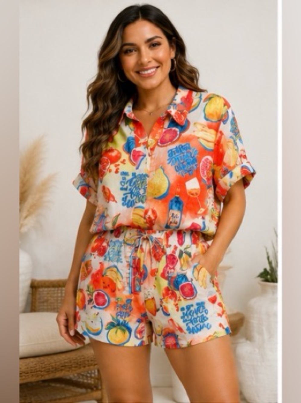 Endless Moon NWT Fruit Wine Print Shirt & Shorts Set Size Small Colorful Resort